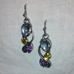Silver Tone Synthetic Opal Citrine Amethyst Floral Dangle Earrings